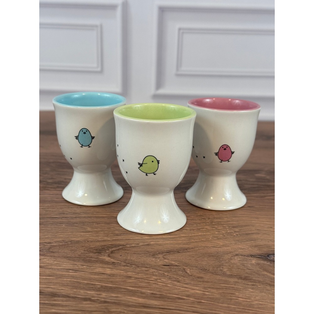VTG Set of THREE (3) Blue Green Pink Baby Chick Chicken Motif Porcelain Egg Cups